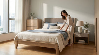 Woman arranging bedding on a wooden bed frame in a bright Singapore bedroom with bedside table, dresser and neutral decor.