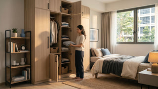 Teenager organising clothes in a modular wooden wardrobe inside a bright Singapore bedroom with bed and open shelving.