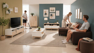 Modern sectional sofa and storage furniture set in a practical Singapore family living room designed for a teenager.