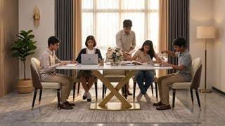Teenagers studying at a white dining table in a warm modern Singapore dining room with cream chairs and soft lighting
