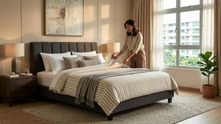 Woman arranging Tencel bed sheets on a grey upholstered bed in a bright Singapore bedroom