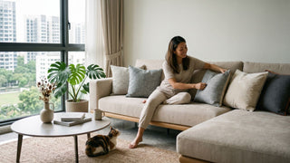 Woman arranging throw pillows on a beige sectional sofa in a bright Singapore living room with a cat nearby.