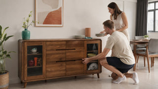 Wooden buffet cabinet in a modern Singapore dining area with a couple organising plates for guests