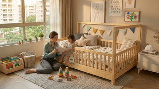 Mother reading with her toddler beside a low wooden bed frame with guardrails in a bright HDB bedroom