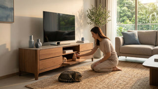 Young mother organising toys in a wooden TV console with closed storage in a bright family living room.