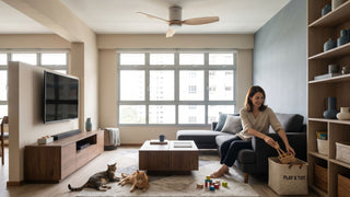 Ceiling fan in a Singapore living room with toy storage, sofa, TV console, and parent tidying toddler toys.
