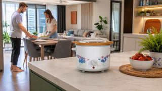 Toyomi electric slow cooker on a kitchen counter in a modern Singapore home prepared for everyday family meals