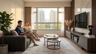 Warm transitional HDB living room with grey sofa, marble-look coffee tables and low TV console