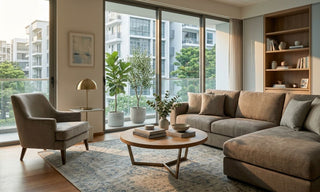 Transitional style Singapore condo living room with structured fabric sofa, accent chair, round coffee table and warm timber display shelving