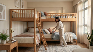 Woman arranging bedding on a metal triple bunk bed in a bright Singapore HDB bedroom.