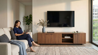 Wooden TV cabinet with wall-mounted television in a bright Singapore condo living room