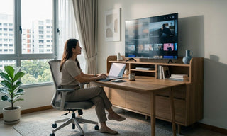 Woman using a laptop at a wooden TV desk with a flat-screen TV in a Singapore apartment