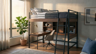 Twin loft bed with built-in desk and storage shelves in a compact Singapore bedroom.