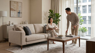 Couple relaxing beside a beige two seater sofa in a bright Singapore condo living room with coffee table and balcony plants