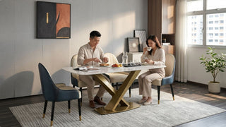 Modern dining table at typical height with upholstered chairs in a Singapore HDB dining area