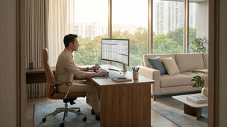 Man working at a U-shaped desk in a bright Singapore condo home office with sofa, monitor and large windows.