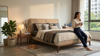 Woman sitting on an upholstered bed frame in a bright Singapore bedroom with warm wood furniture and natural light