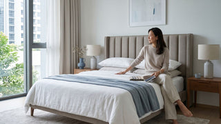 Woman sitting on a bed with a beige channel-tufted upholstered headboard in a bright Singapore condo bedroom.