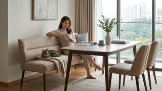 Upholstered dining bench with backrest paired with a modern dining table and chairs in a bright Singapore condo dining room.