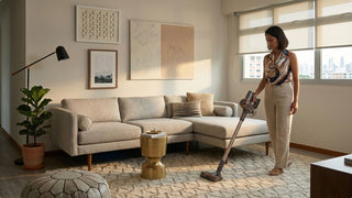 Woman vacuuming a living room rug with a cordless vacuum machine in a Singapore home