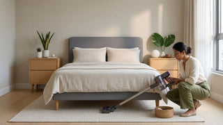 Woman vacuuming under a grey bed frame in a Singapore bedroom as part of a dust mite cleaning routine