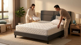 Couple arranging pillows and bedding on a Vazzo mattress in a modern Singapore bedroom