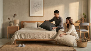 Couple styling linen pillows on a low wooden bed frame in a warm wabi-sabi Singapore bedroom