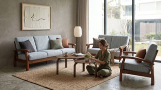Woman styling a wabi-sabi living room with grey sofa set, wooden tables and natural rug