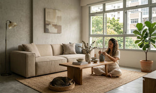 Wabi-sabi living room in Singapore with beige sofa, natural wood coffee table, jute rug, indoor plant, and cat basket.