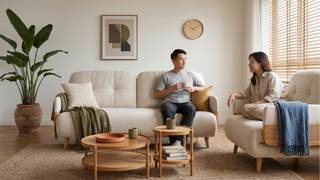 Wabi-sabi HDB flat with natural textures, muted colours, and simple budget furniture