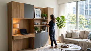 Woman arranging bowls on a modern wood and grey wall cabinet with built-in study desk in a bright Singapore living room.