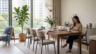 Woman enjoying coffee beside a walnut dining table with upholstered chairs in a bright Singapore condo dining room.