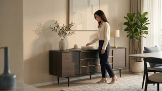 Woman standing beside a walnut sideboard buffet with drawers and cabinets in a warm modern dining room.