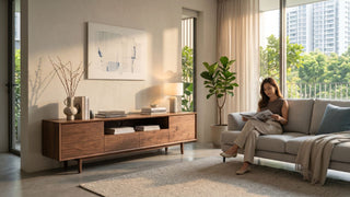 Walnut TV console in a bright Singapore living room with grey sofa, plants, and warm natural light.