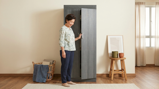 Organised wardrobe in a Singapore bedroom with shelves, hanging rails, and storage boxes