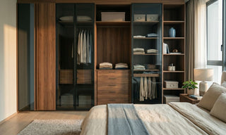 Wooden wardrobe with drawers, open shelves and hanging space in a modern Singapore bedroom.