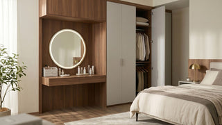 Wooden wardrobe with integrated dressing table, round mirror, and open storage in a calm Singapore bedroom.