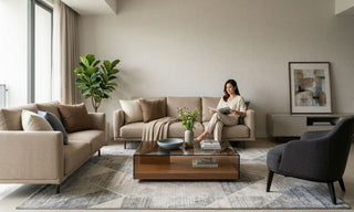 Warm neutral condo living room with beige sofas, large patterned rug, wood coffee table, plants and soft modern decor.