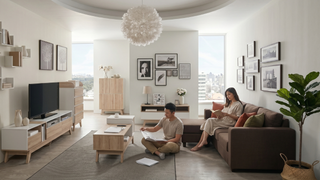 Warm neutral HDB flat with sand tones, light wood furniture, soft textiles, and cosy styling