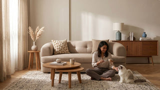 Warm neutral living room with beige bucket sofa, nested coffee tables and pet-friendly rug