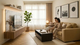 Warm Singapore living room with beige sofa, marble TV feature wall, wooden console, and coffee table