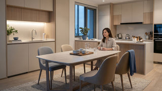 Modern Singapore kitchen and dining area with a compact water purifier, neutral cabinets, dining table, and woman drinking water at home.