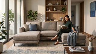 A well-made beige L-shaped fabric sofa in a modern Singapore living room with warm wood shelving and natural light.