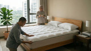 Couple fitting a white bed topper on a wooden bed in a cosy Singapore condo bedroom