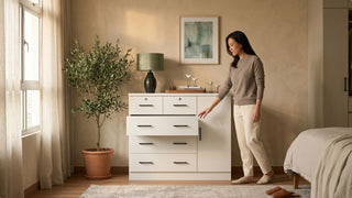 Woman using a white bedroom drawer cabinet beside a bed in a warm modern room with plants and soft daylight