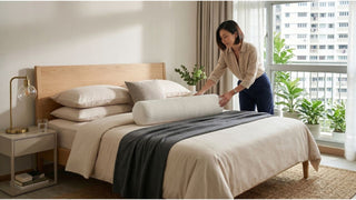 Woman placing a white bolster on a cosy Singapore bed with neutral bedding and natural light