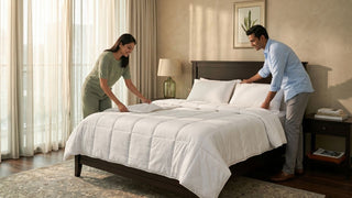 Couple arranging a white comforter on a dark wood bed in a warm Singapore bedroom with sheer curtains and bedside table