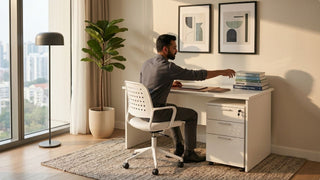 Man working at a white ergonomic desk with drawer storage in a cosy Singapore home office