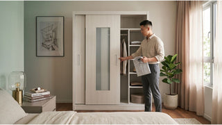 Man checking internal storage of a white sliding door wardrobe in a modern Singapore bedroom