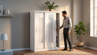 Man opening a white sliding door wardrobe in a warm Singapore bedroom with plants and natural light